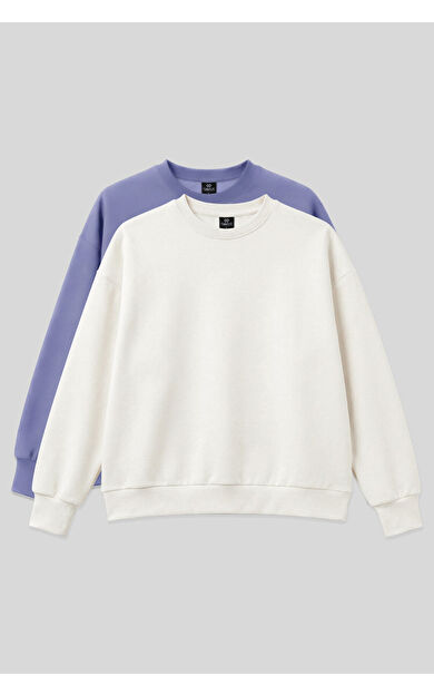 Basic Oversıze O Yaka 2li Paket Ekru-Açık Eflatun Kadın Sweatshirt - 97053