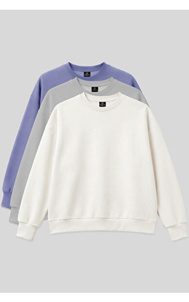 Basic Oversıze O Yaka 3lü Paket Ekru-Taş- Açık Eflatun Kadın Sweatshirt - 97053