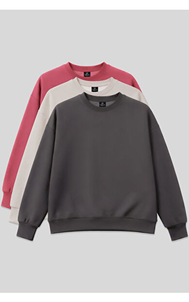 Basic Oversıze O Yaka 3lü Paket Koyu Gri-Bej- Yaban Gülü Kadın Sweatshirt - 97053