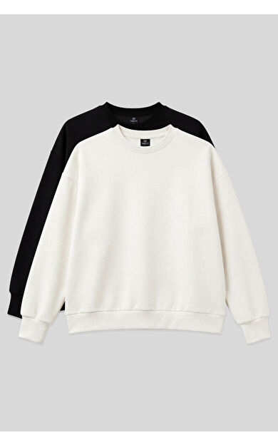 Basic Oversıze O Yaka 2li Paket Siyah-Ekru Kadın Sweatshirt - 97053