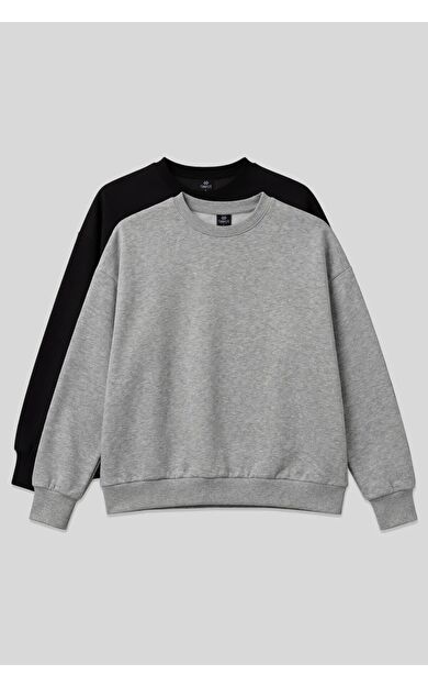 Basic Oversıze O Yaka 2li Paket Siyah-Gri Melanj Kadın Sweatshirt - 97053