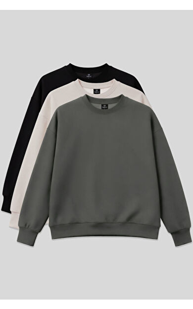 Basic Oversıze O Yaka 3lü Paket Siyah-Haki- Bej Kadın Sweatshirt - 97053