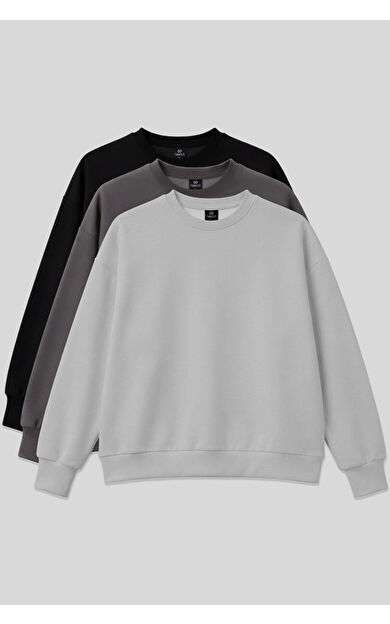 Basic Oversıze O Yaka 3lü Paket Siyah-Koyu Gri- Taş Kadın Sweatshirt - 97053
