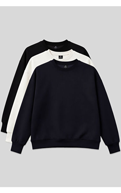 Basic Oversıze O Yaka 3lü Paket Siyah-Lacivert- Ekru Kadın Sweatshirt - 97053