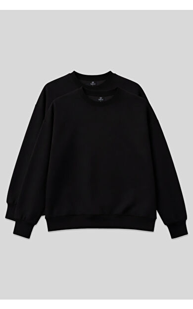 Basic Oversıze O Yaka 2li Paket Siyah Kadın Sweatshirt - 97053