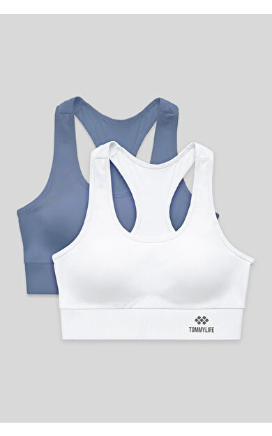 Slim Fit U Yaka 2li Paket Petrol-Beyaz Kadın Spor Büstiyer - 97120