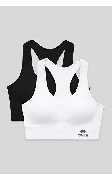 Slim Fit U Yaka 2li Paket Siyah-Beyaz Kadın Spor Büstiyer - 97120