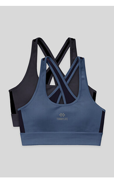 Slim Fit U Yaka 2li Paket Petrol-Antrasit Kadın Spor Büstiyer - 97121