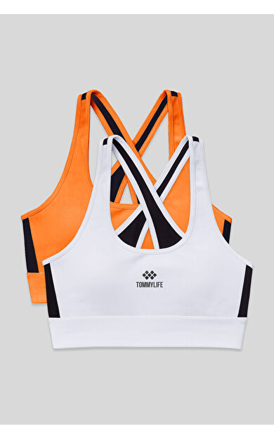 Slim Fit U Yaka 2li Paket Beyaz-Neon Oranj Kadın Spor Büstiyer - 97121