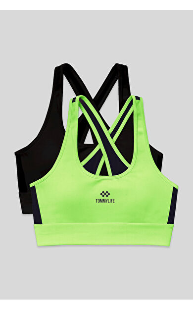 Slim Fit U Yaka 2li Paket Siyah-Neon Sarı Kadın Spor Büstiyer - 97121