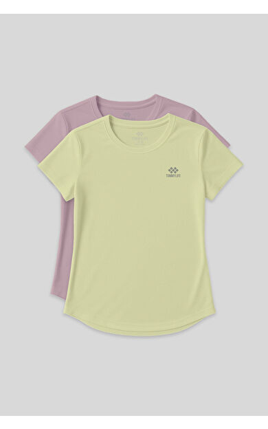 TommyLife Standart Kalıp O Yaka 2li Paket Gül Kurusu-Limon Kadın T-Shirt - 97144