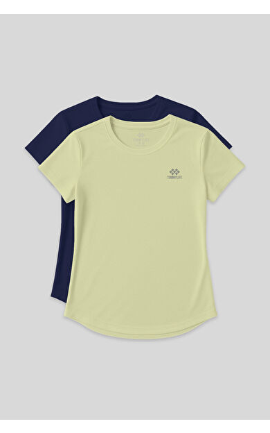 Standart Kalıp O Yaka 2li Paket İndigo-Limon Kadın T-Shirt - 97144