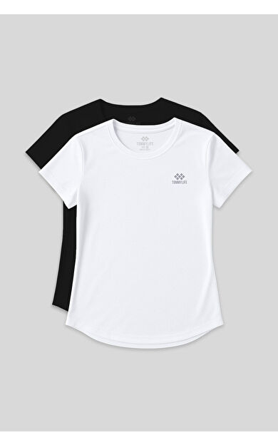 TommyLife Standart Kalıp O Yaka 2li Paket Siyah-Beyaz Kadın T-Shirt - 97144