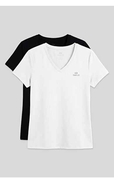 Standart Kalıp Basic V Yaka 2li Paket Siyah-Beyaz Kadın T-Shirt - 97145