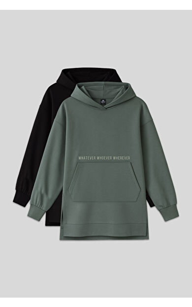 TommyLife Oversize Kapüşonlu 2li Paket Siyah-Çağla Kadın Tunik Sweatshirt - 97163