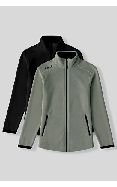 Rahat Form Dik Yaka 2li Paket Siyah-Çağla Kadın Polar Sweatshirt - 97173