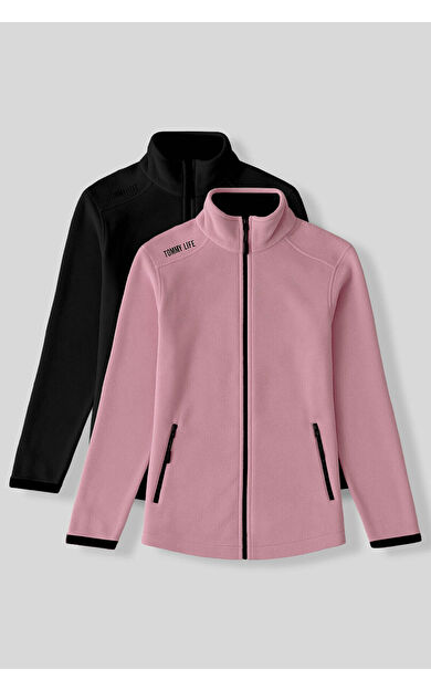 Rahat Form Dik Yaka 2li Paket Siyah-Gül Kurusu Kadın Polar Sweatshirt - 97173