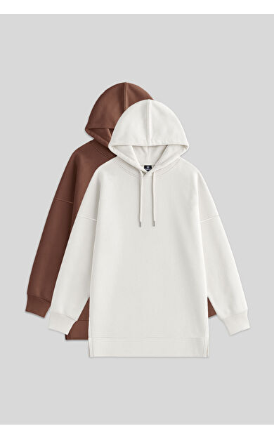 TommyLife Oversize Kapüşonlu 2li Paket Ekru-Kahverengi Kadın Tunik Sweatshirt - 97242