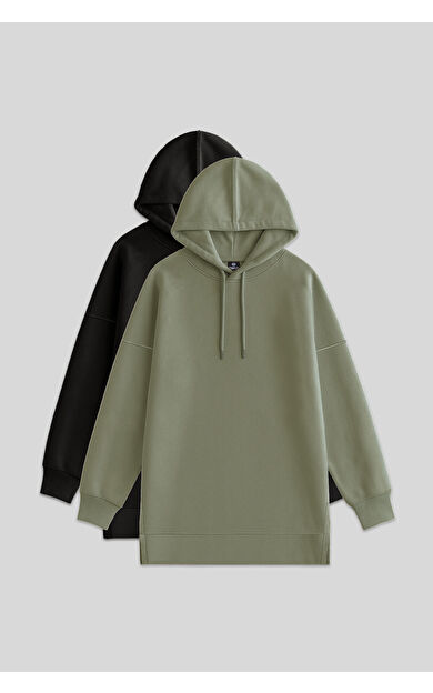 TommyLife Oversize Kapüşonlu 2li Paket Siyah-Çağla Kadın Tunik Sweatshirt - 97242