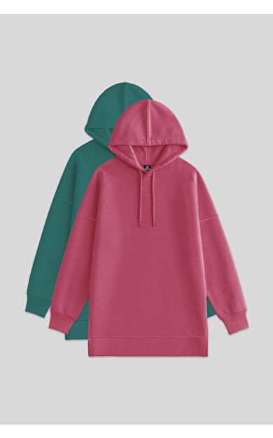 TommyLife Oversize Kapüşonlu 2li Paket Yaban Gülü-Deniz Yeşili Kadın Tunik Sweatshirt - 97242
