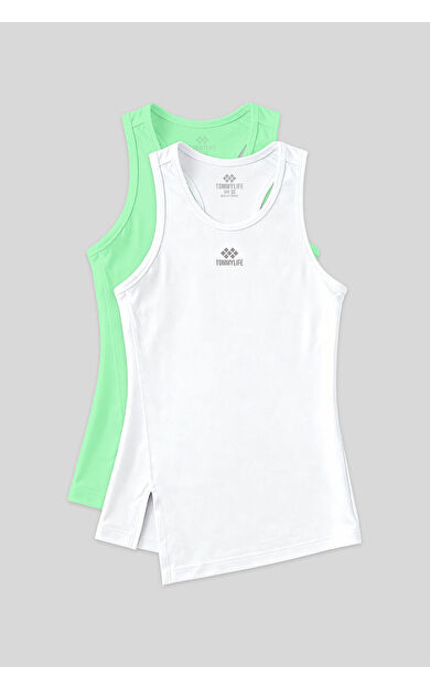 Standart Kalıp O Yaka 2li Paket Beyaz-Neon Yeşil Kadın Spor Atlet - 97256