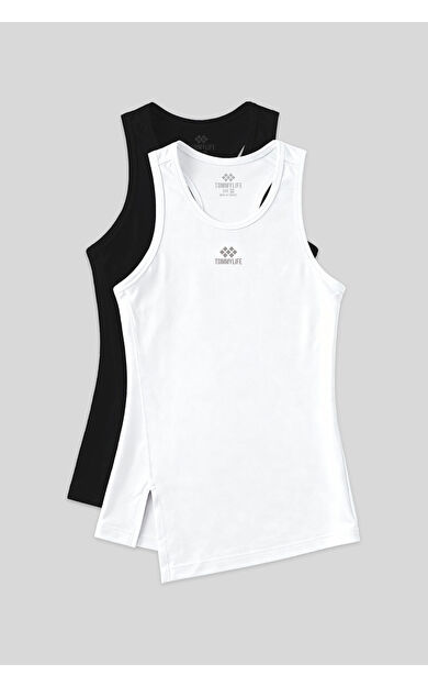 TommyLife Standart Kalıp O Yaka 2li Paket Siyah-Beyaz Kadın Spor Atlet - 97256