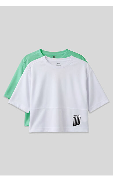 Oversize Fit O Yaka 2li Paket Beyaz-Su Yeşili Kadın T-Shirt - 97284