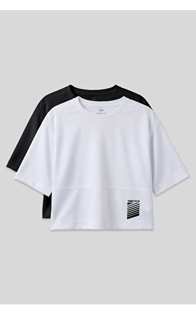 Oversize Fit O Yaka 2li Paket Siyah-Beyaz Kadın T-Shirt - 97284