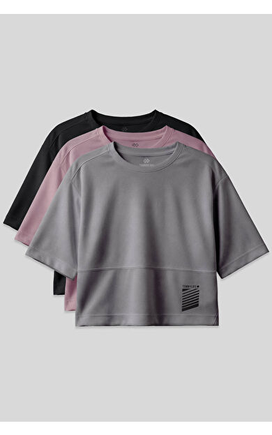 Oversize Fit O Yaka 3lü Paket Siyah-Koyu Gri-Gül Kurusu Kadın T-Shirt - 97284