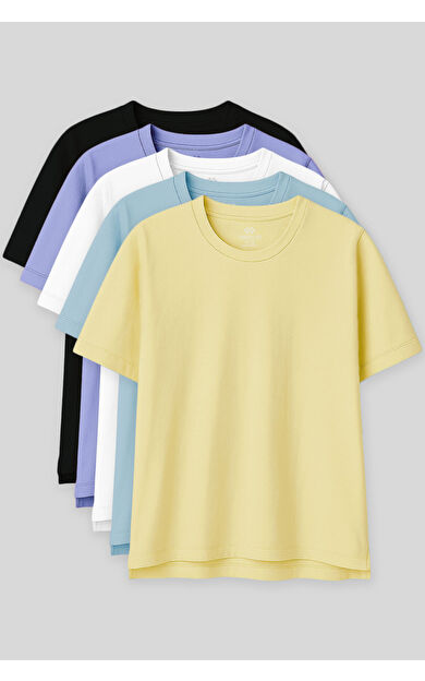 Oversize Fit Basic O Yaka 5li Paket Kadın T-Shirt - 97285