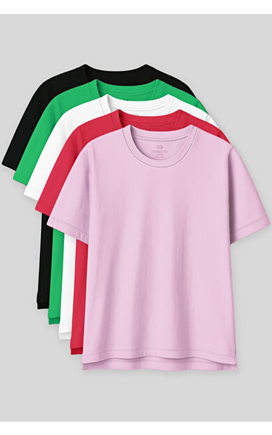 Oversize Fit Basic O Yaka 5li Paket Kadın T-Shirt - 97285
