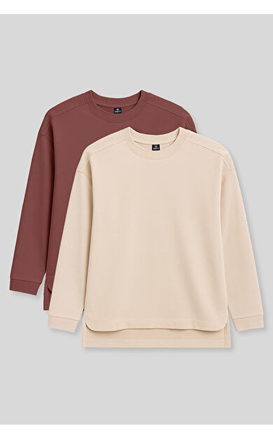 TommyLife Rahat Form O Yaka 2li Paket Bej-Kahverengi Kadın Tunik Sweatshirt - 97305