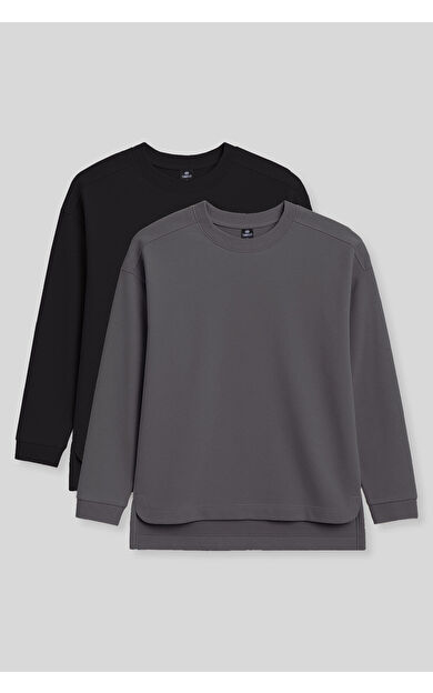TommyLife Rahat Form O Yaka 2li Paket Siyah-Koyu Gri Kadın Tunik Sweatshirt - 97305