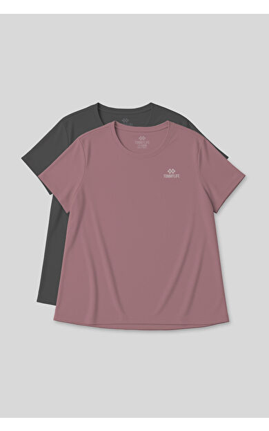 Rahat Form 2li Paket Koyu Gri-Gül Kurusu Battal Kadın T-Shirt - 97308