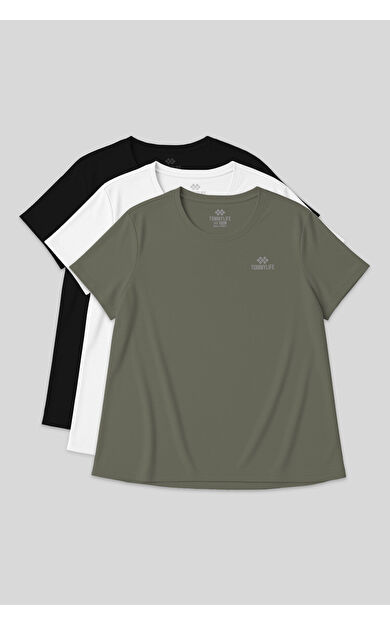 TommyLife Rahat Form 3lü Paket Siyah-Beyaz-Haki Battal Kadın T-Shirt - 97308