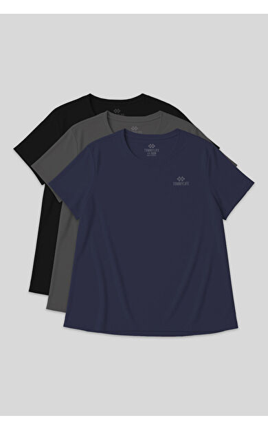 TommyLife Rahat Form 3lü Paket Siyah-İndigo-Koyu Gri Battal Kadın T-Shirt - 97308