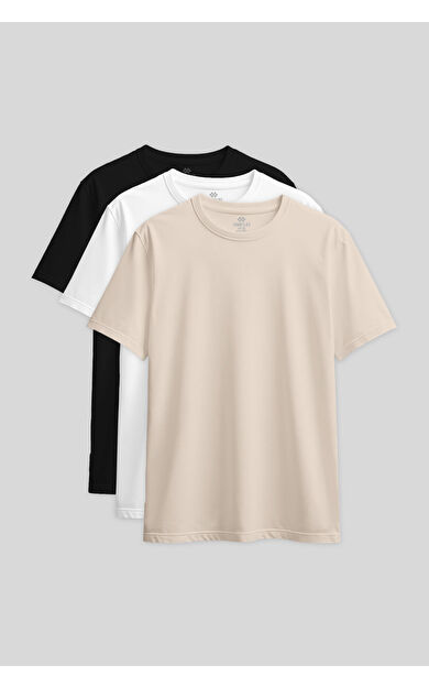 Standart Fit Basic O Yaka 3lü Paket Siyah-Beyaz-Bej Kadın T-Shirt - 97311