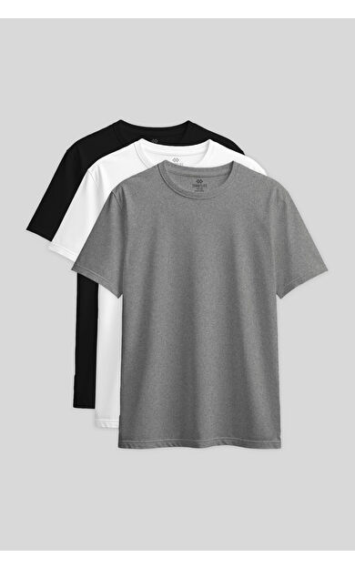 Standart Fit Basic O Yaka 3lü Paket Siyah-Beyaz-Gri Melanj Kadın T-Shirt - 97311