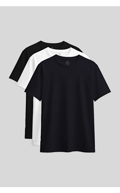 Standart Fit Basic O Yaka 3lü Paket Siyah-Beyaz-Lacivert Kadın T-Shirt - 97311