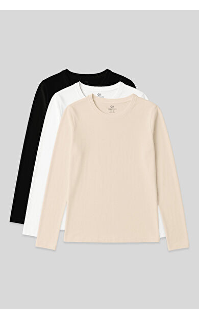 Standart Fit Basic O Yaka 3lü Paket Siyah-Beyaz-Bej Kadın T-Shirt - 97312