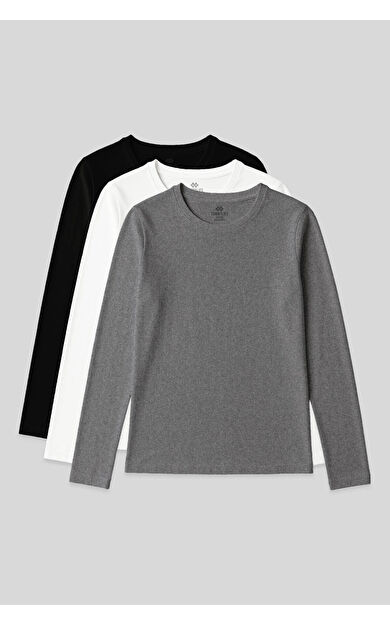 Standart Fit Basic O Yaka 3lü Paket Siyah-Beyaz-Gri Melanj Kadın T-Shirt - 97312