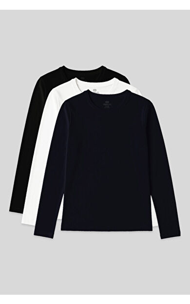 Standart Fit Basic O Yaka 3lü Paket Siyah-Beyaz-Lacivert Kadın T-Shirt - 97312