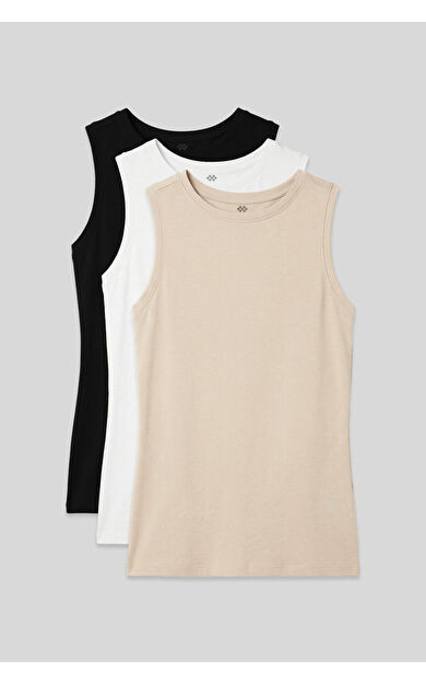 Slim Fit Basic O Yaka 3lü Paket Siyah-Beyaz-Bej Kadın Atlet - 97313