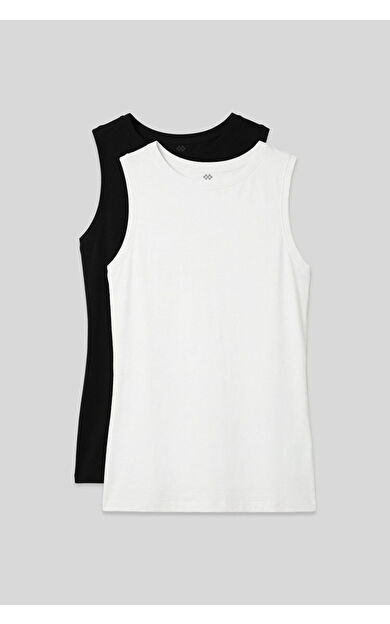 Slim Fit Basic O Yaka 2li Paket Siyah-Beyaz Kadın Atlet - 97313