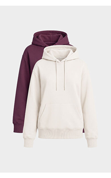 Yeni Standart Kapüşonlu 2li Paket Ekru-Soft Vişne Kadın Sweatshirt - 97321