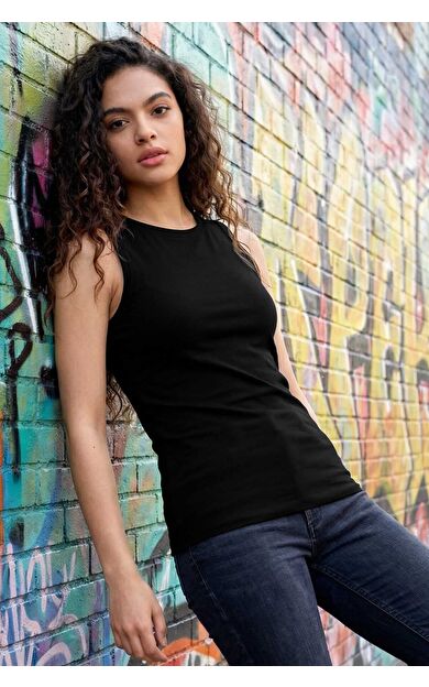 Siyah Slim Fit Basic O Yaka Sıfır Kol Kadın Atlet - 97313