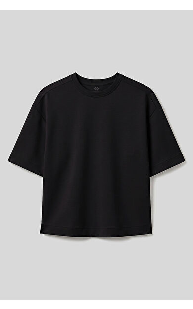 Siyah O Yaka Oversize Kısa Kollu Kadın T-Shirt - 97316