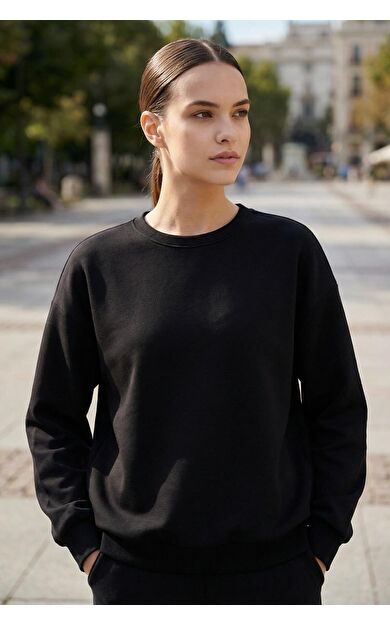 Siyah Basic O Yaka Oversize Kadın Sweatshirt - 97053