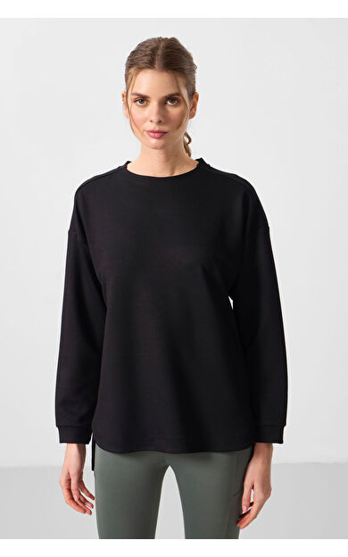 TommyLife Siyah Yumuşak Dokulu O Yaka Rahat Form Kadın Tunik Sweatshirt - 97305
