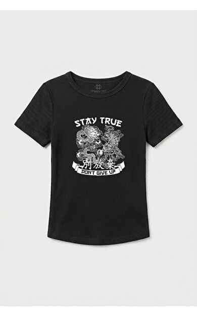 YENİ Siyah Standart Fit Baskılı Kısa Kollu Kadın T-Shirt - 97201